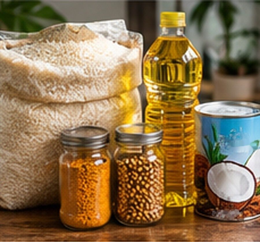 Guni beras, botol minyak masak, balang rempah dan tin santan dengan kelapa dibelah