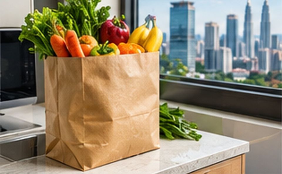 Beg kertas berisi sayur dan buah di kaunter dapur kondominium dengan pemandangan bandar Beg kertas berisi sayur dan buah di kaunter dapur kondominium dengan pemandangan bandar