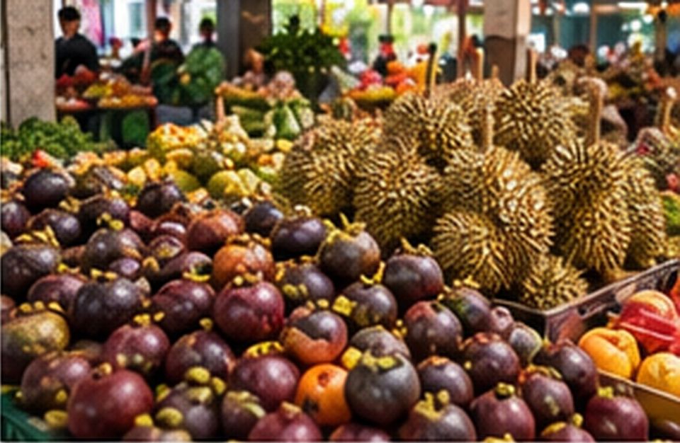 Gerai buah di pasar dengan timbunan manggis dan durian