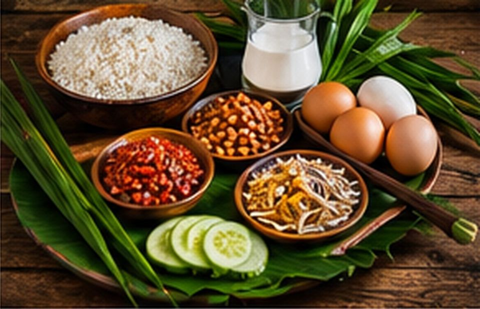 Bahan nasi lemak di atas daun pisang: beras, santan, telur, ikan bilis, kacang dan timun