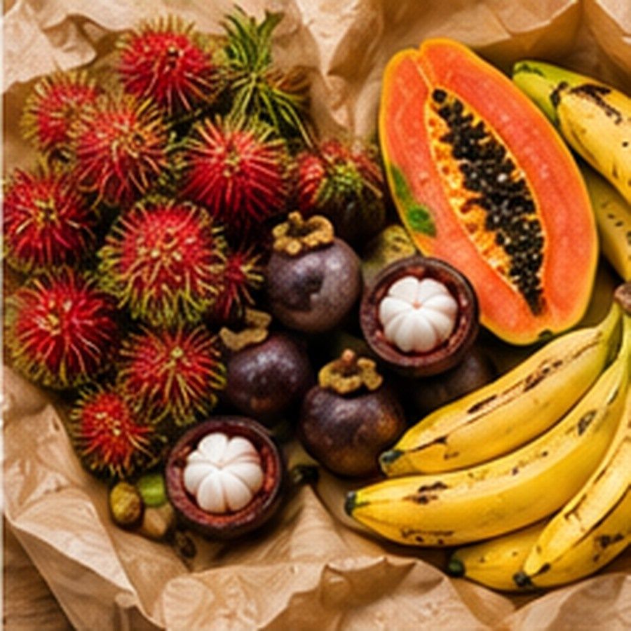 Rambutan, manggis, betik dibelah dan pisang di atas kertas kraf