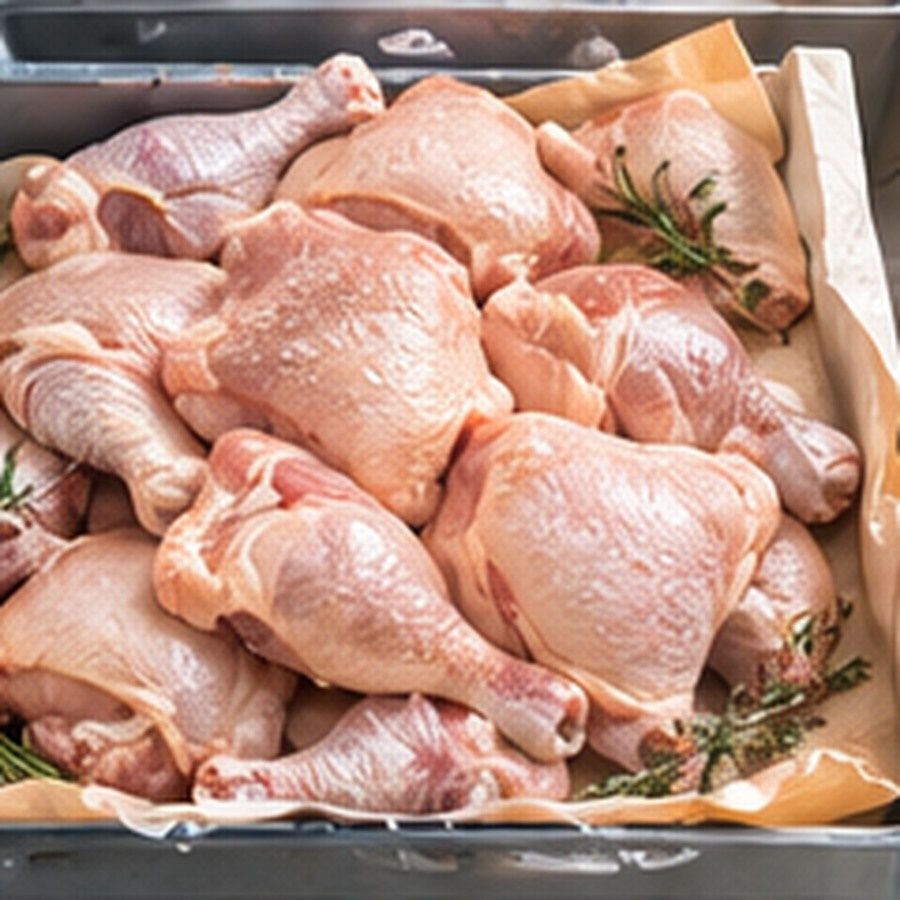 Potongan ayam segar tersusun di atas kertas di dalam dulang sejuk