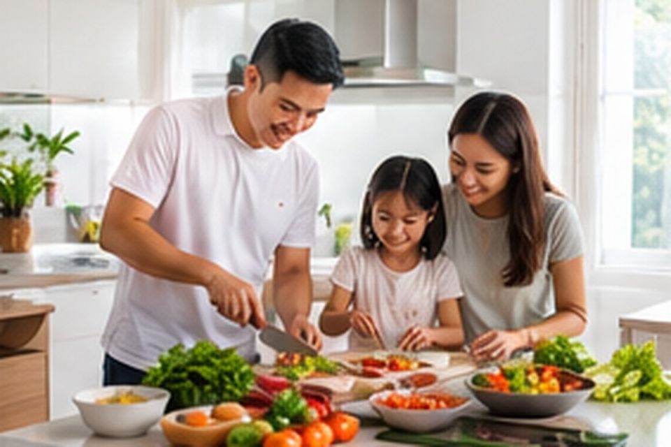 Keluarga memasak bersama di dapur kondominium yang terang Keluarga memasak bersama di dapur kondominium yang terang