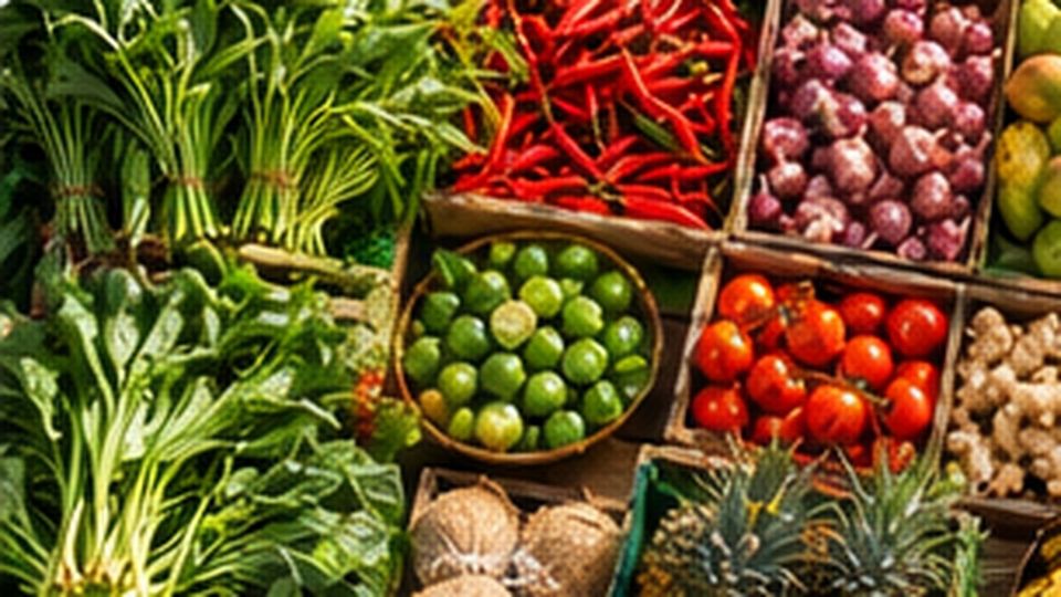 Sayur dan buah segar Malaysia dalam peti kayu: kangkung, cili merah, bawang, limau dan tomato Sayur dan buah segar Malaysia dalam peti kayu: kangkung, cili merah, bawang, limau dan tomato