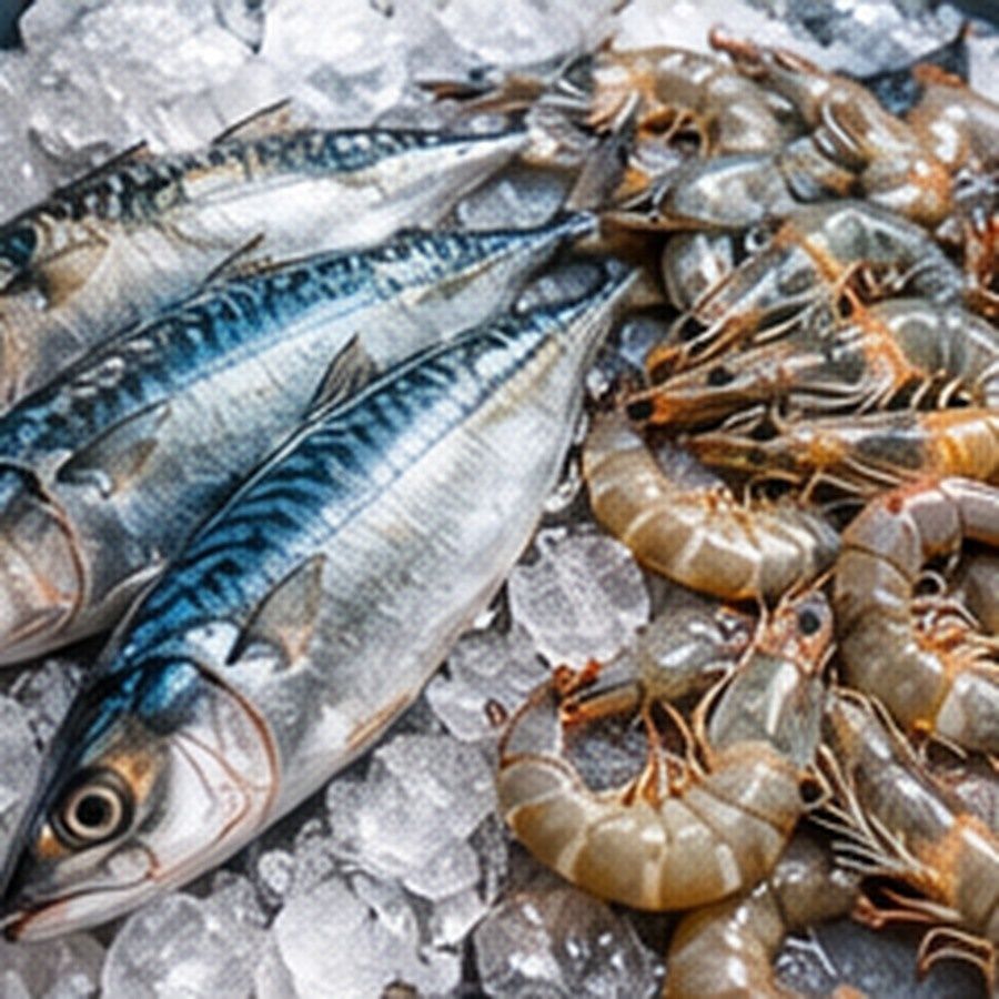 Ikan kembung dan udang segar di atas ais hancur