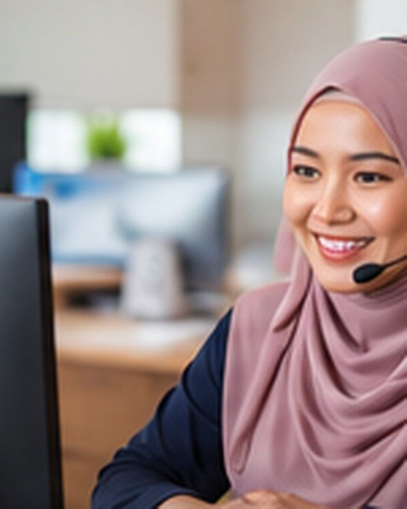 Pegawai khidmat pelanggan bertudung tersenyum memakai set kepala