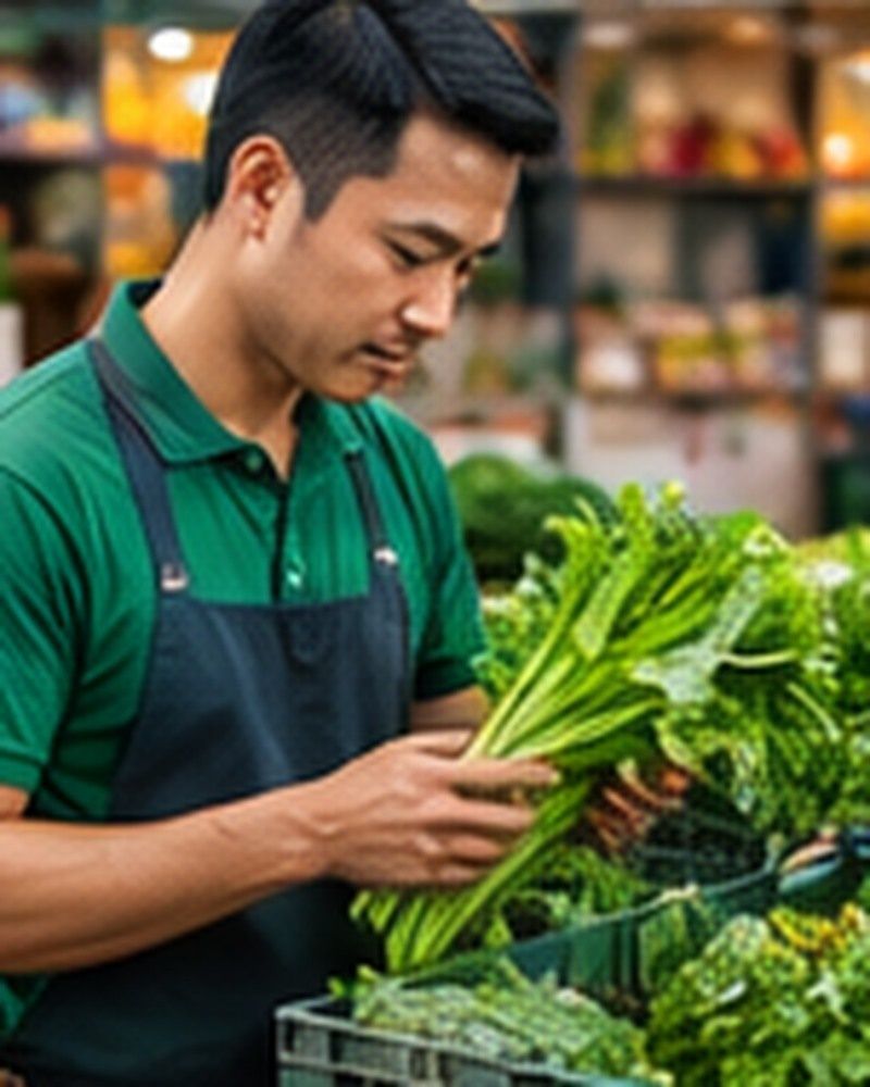 Pemilih produk memeriksa kesegaran sayur di dalam peti