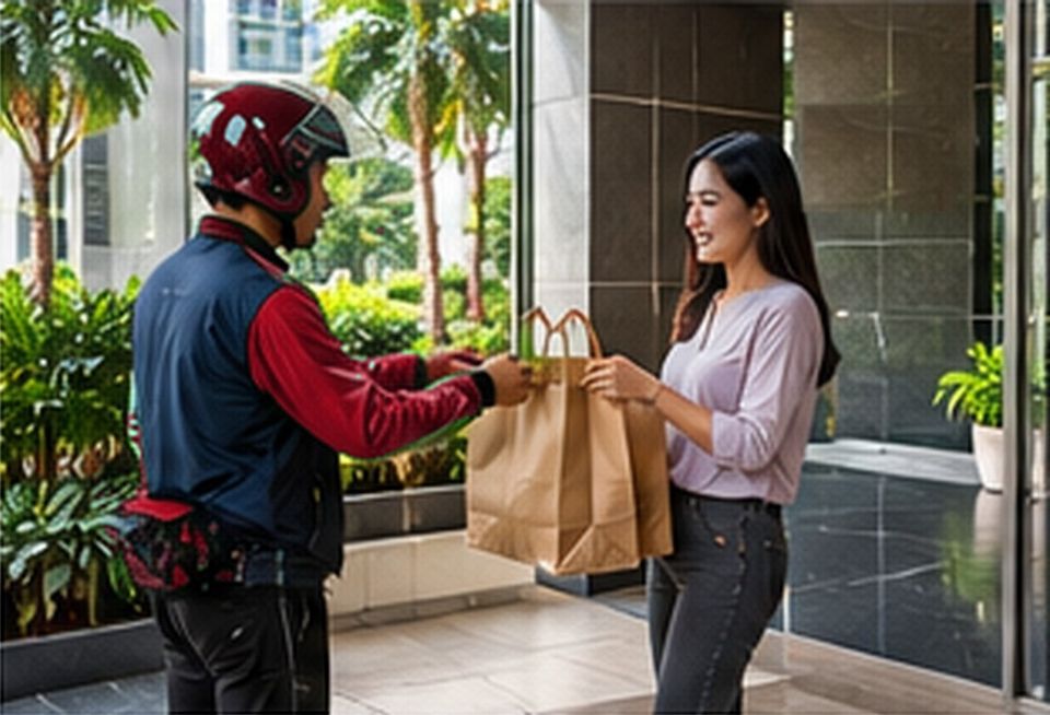 Penghantar menyerahkan beg barang runcit kepada penghuni di lobi kondominium Penghantar menyerahkan beg barang runcit kepada penghuni di lobi kondominium