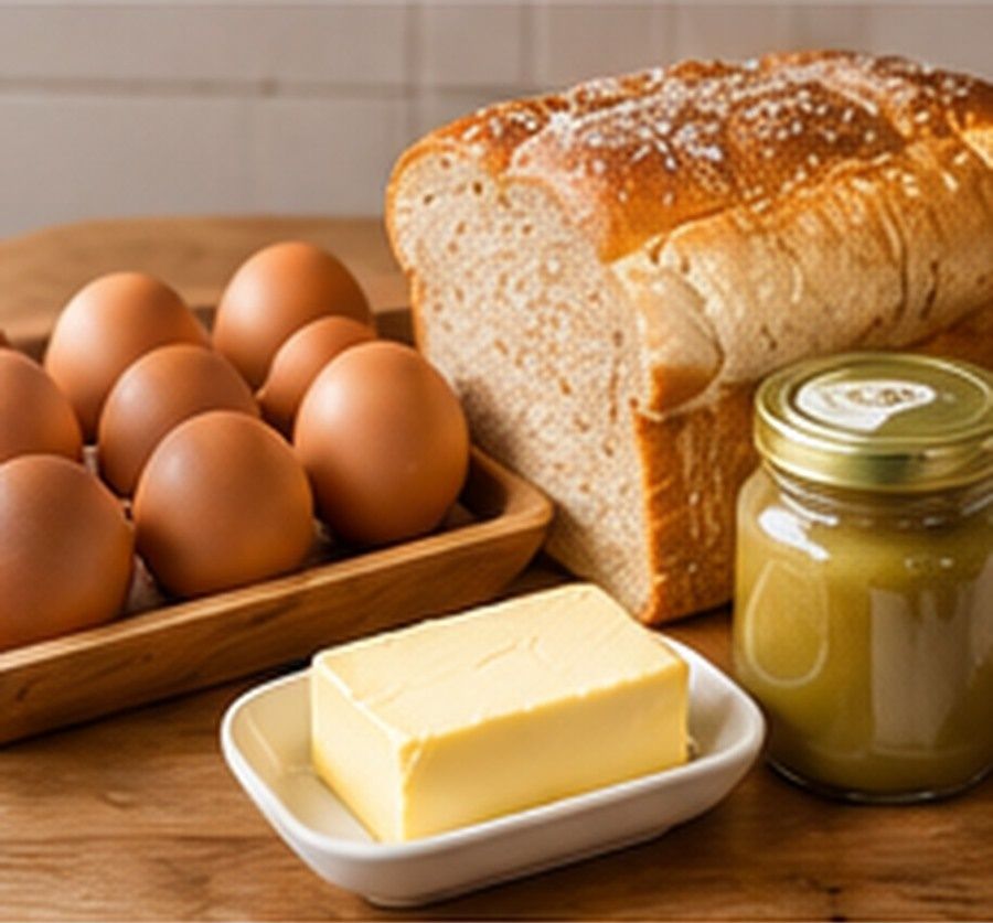 Telur, roti, kaya dan mentega di atas meja kayu Telur, roti, kaya dan mentega di atas meja kayu